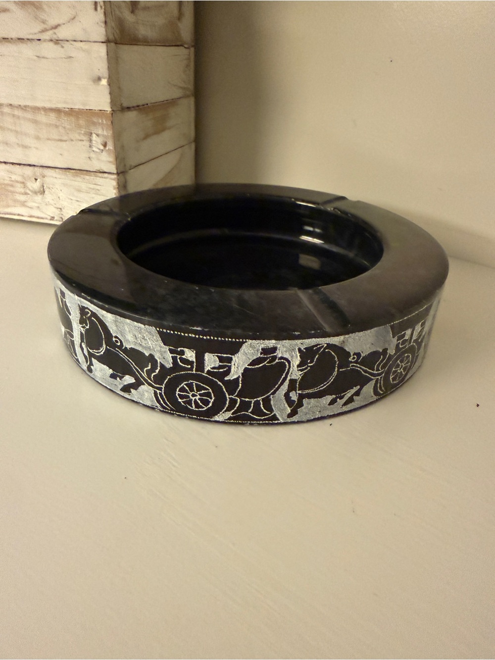 Vintage Black Marble Ashtray Greek Roman Chariot Etched 6” Heavy Stone